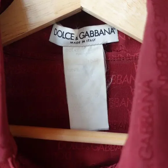 Vintage 90s Dolce & Gabbana Shirt Womens 44 Red Silk Logo Print Button Up Blouse